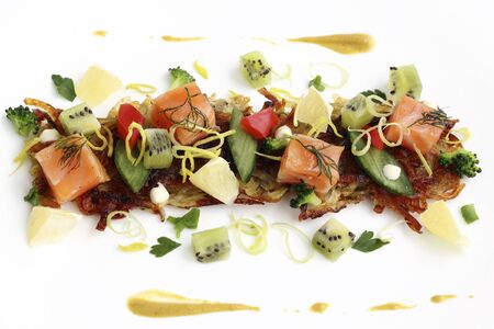 Close up potato pancakes with smoked salmonの写真素材