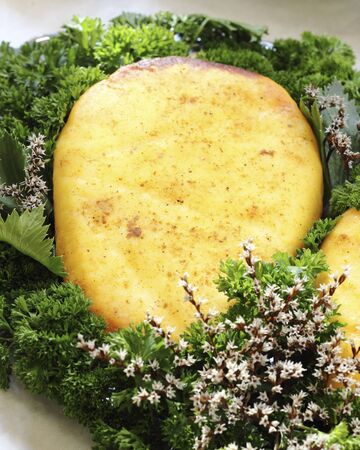 Delicious snack - fried cottage cheese with spicesの写真素材