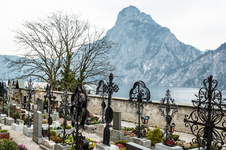 Mountain Traunstein with Graveyard in the Foregroundeの写真素材