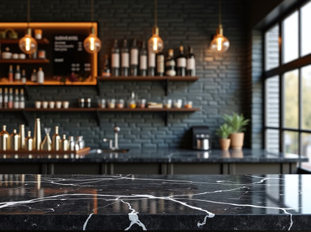 Black marble countertop in modern bar interior. 3d rendering mock upの素材