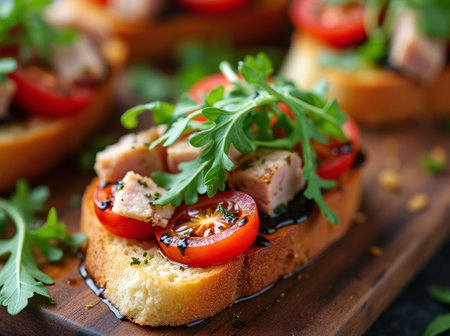 Delicious bruschetta with chicken, tomatoes and arugulaの素材