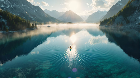 Man paddling in a kayak on the lake in the mountainsの素材