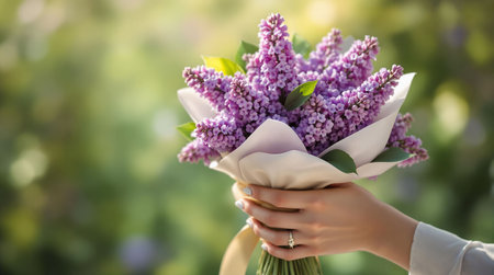 Female florist holding beautiful bouquet of lilacs outdoors, closeupの素材