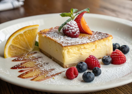 cheesecake with fresh berries and mint on a white plate.の素材