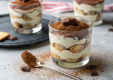 Classic tiramisu dessert in a glass on a light stone backgroundの素材