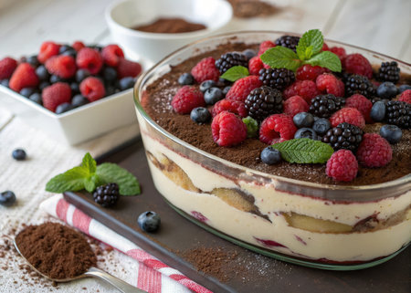 Classic tiramisu dessert with fresh raspberries, blackberries and blueberriesの素材