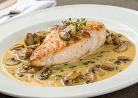 Roast chicken fillet with champignon mushrooms in creamy sauceの素材
