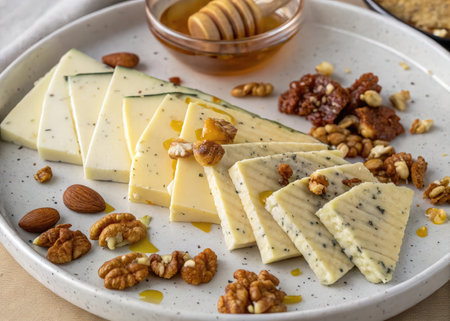 Cheese platter with walnuts, honey and crackers.の素材