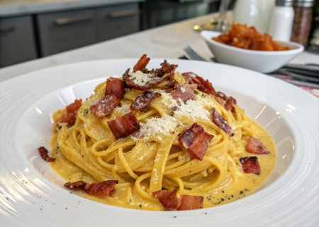 Spaghetti carbonara with bacon and parmesan on white plateの素材