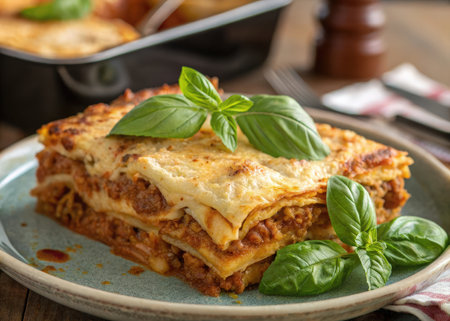 Lasagna with Bolognese sauce and basil, selective focusの素材