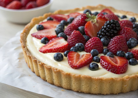 Strawberry and blueberry tart on a white wooden table.の素材