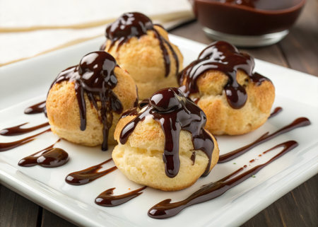 Homemade profiteroles with chocolate on a plate, closeupの素材