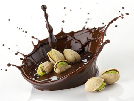 pistachios and chocolate splash on a white background. close-upの素材