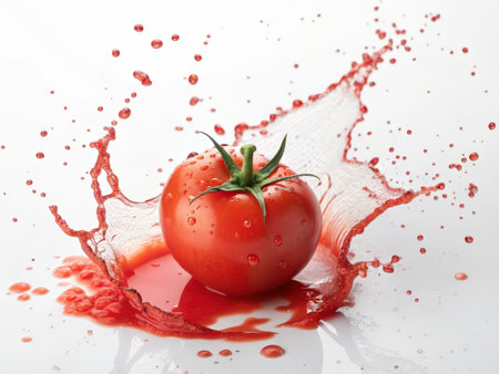 Tomato in splashes of juice on a white background, isolatedの素材