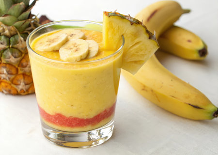 Banana smoothie in a glass with fresh fruits, selective focusの素材