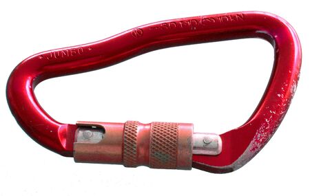 A red Carabiner. Worn from use. Isolated on whiteの写真素材