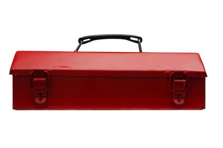 A worn red metal toolbox. Isolated on whiteの写真素材