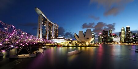 Marina Bay, including the Helix Bridge, Marina Bay Sands,ArtScience Museum and the glittering Singapore City skyline.のeditorial素材