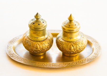 Old  two brass casket on brass trayの写真素材