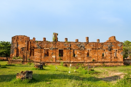 old red brick wall Ayutthaya templeの写真素材