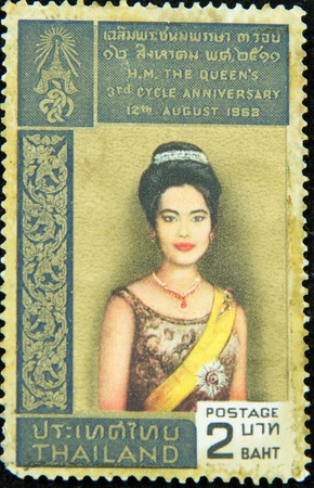 A stamp printed in Thailand shows H.M. The Queen's 3rd cycle anniversary 12th August 1968, circa 1968のeditorial素材