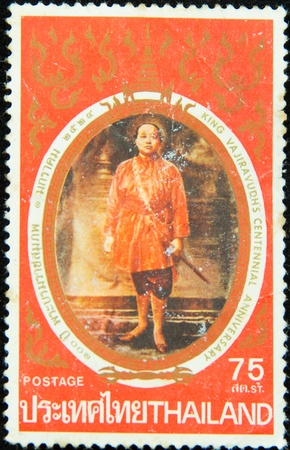 A stamp printed in Thailand shows portrait of King Vajiravudh cetennial anniversaryのeditorial素材