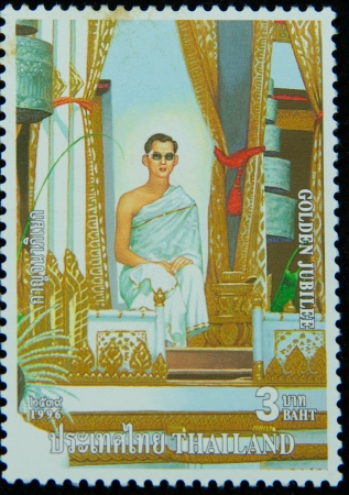 A stamp printed in Thailand shows portrait of Bhumibol Adulyadej Rama IX of Thailand ,Golden jubilee, circa 1996のeditorial素材
