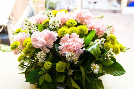 Bouquet of flowers on the porchの写真素材