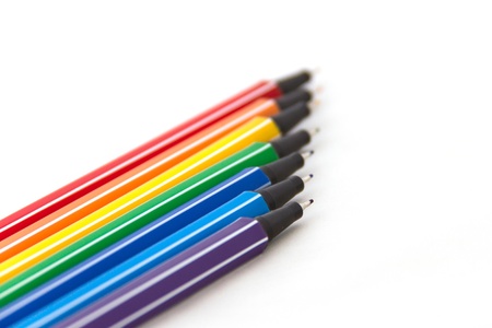 Multicolored pens on white backgroundの写真素材