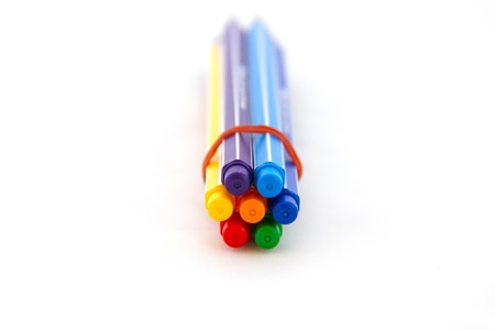 Multicolored pens on white backgroundの写真素材