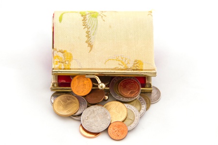 Coins in the bag on white backgroundの写真素材