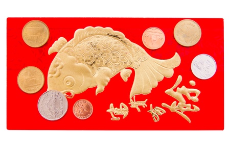 Red envelope in the basket on white background