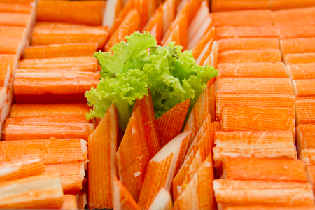 Crab stick with Lettuce in the trayの写真素材