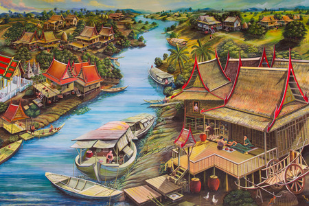 Way of life of the villagers along the river on Wat Palelia temple wall of the Lifestyle in Thailand:13 January 2013のeditorial素材