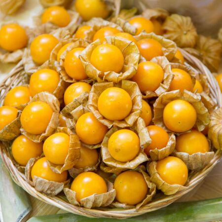cape gooseberry in basketの写真素材