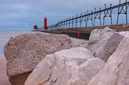 The south pier at Grand Haven beachの写真素材