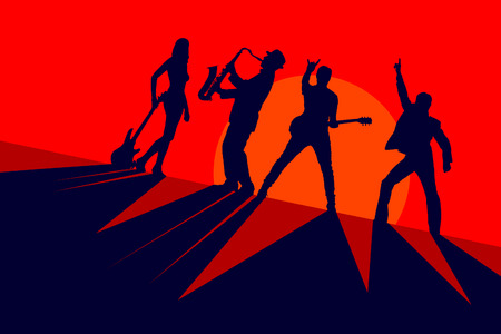 Silhouettes of musicians on a red backgroundの写真素材