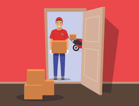 Online food delivery concept. Delivery guy handing box on doorway with a motorcycle in the background. Vector illustrationのイラスト素材
