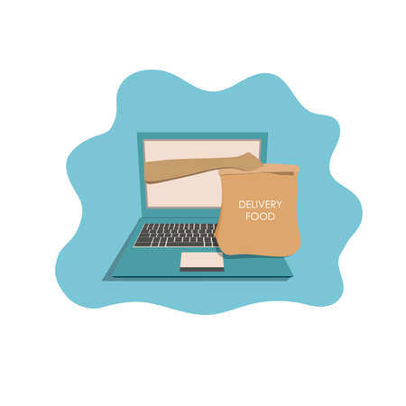 Illustration with laptop on a white background with place for inscription. Colorful vector illustration concept for food delivery service. Delivery from grocery store.のイラスト素材