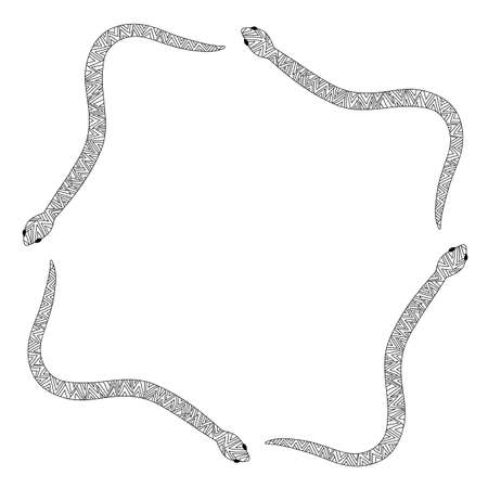 Coloring book for children and adults.Hand drawn vector doodle outline snake decorated with ornaments.Black serpent isolated on a white background tattoo design.Anti stress animal vector illustrationのイラスト素材