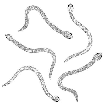 Coloring book for children and adults.Hand drawn vector doodle outline snake decorated with...