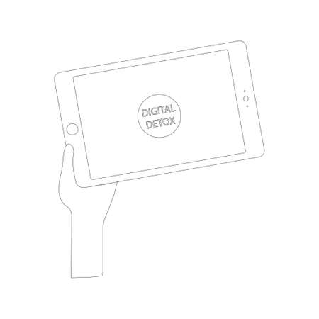 Digital detox.Hands lifting up a tablet. For banners, signs in restaurants, cafes, parks. Stock vector illustrationのイラスト素材