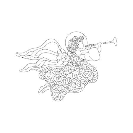 Merry Christmas vector greeting card with flying angel, trumpet, ornaments. Angel coloring page. Christmas vector line art illustration.のイラスト素材