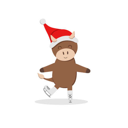 Happy Christmas bulls. Symbol of the Chinese New Year 2021. Festive party. Santa hat. Vector flat cartoon illustrationのイラスト素材
