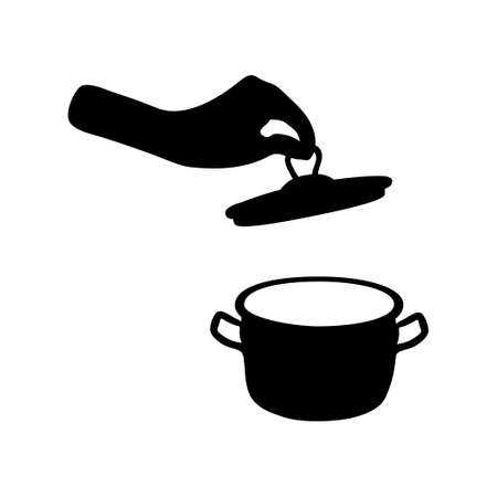 Pan icon. Cookware. Hand holding a lid. Big utensil with lid for boiling. Flat Kitchen element and soup preparation. Stock vector illustration isolated on white backgroundのイラスト素材