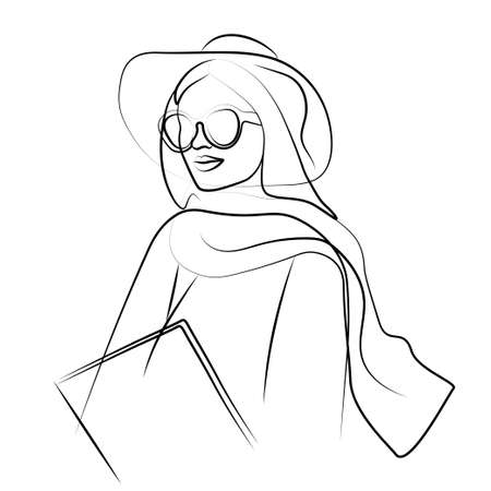 Stylish girl in glasses. Fashion illustration. Vector illustration in magazine cover design style. Beautiful girl model. Fashion style, beauty. Graphic, sketch drawingのイラスト素材