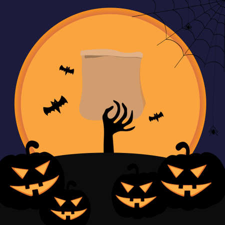 Delivery of goods for Happy Halloween. Scary hand holding a package.Poster, banner or flyer design. Hand from the grave background.のイラスト素材