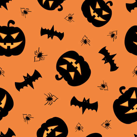 Happy Halloween pattern with pumpkin, bat, spider. Monster seamless pattern .Vector stock illustration.のイラスト素材