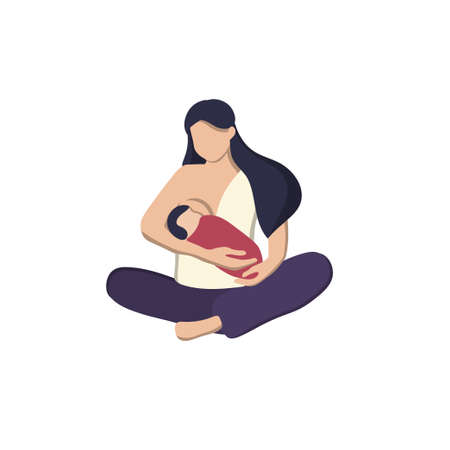 Flat vector illustration of a woman with a baby nursing. World breastfeeding week, feeding of babies with milk from a females breast. Happy mothers day. Lactation.のイラスト素材