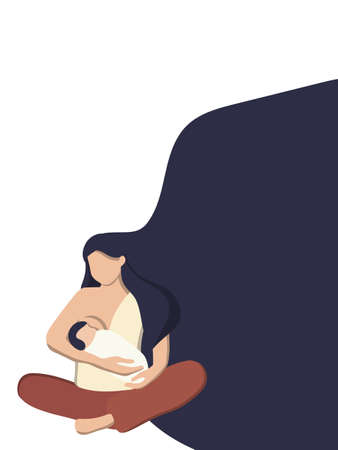 Flat vector illustration of a woman with a baby nursing. World breastfeeding week, feeding of babies with milk from a females breast. Happy mothers day. Lactation.のイラスト素材